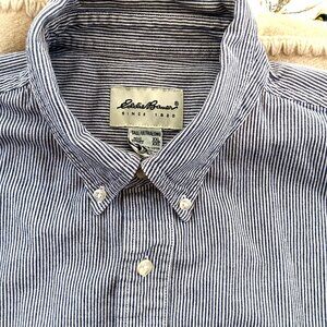 Eddie Bauer Mens Tall XXL Blue Striped Button-Down Long-Sleeve Shirt 100% Cotton